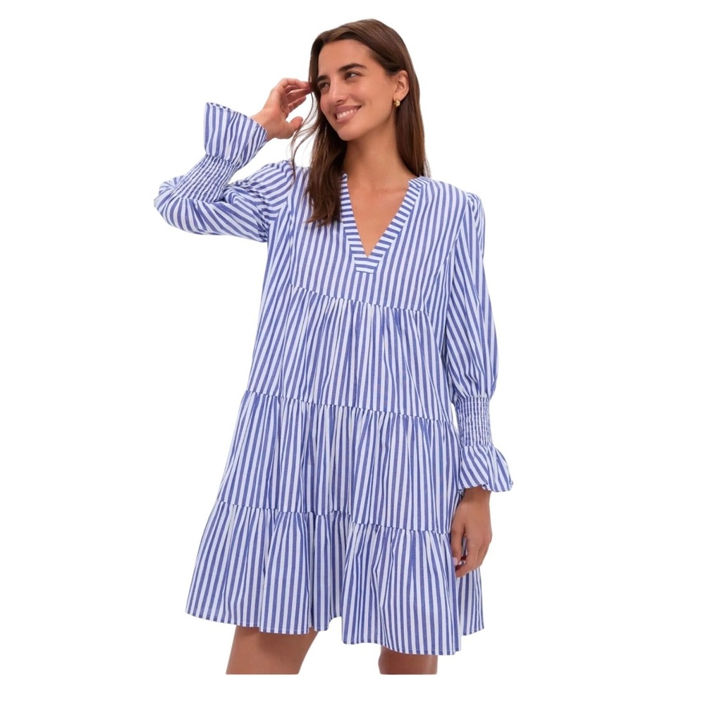 Pomander Place Blue and White Striped Tiered Mini Dress